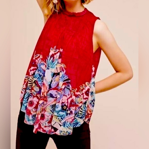 ANTHROPOLOGIE Deletta Red Smocked Floral Bird Print Epona Top Size Medium - Picture 1 of 5